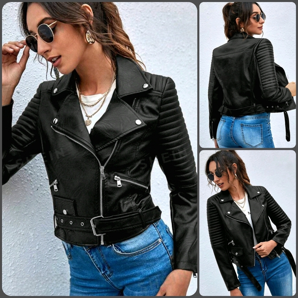 🟢NWOT Womens Black Lapel Collar Belted Zip Up Moto Leather Jacket Size L (8/10) - Picture 1 of 13